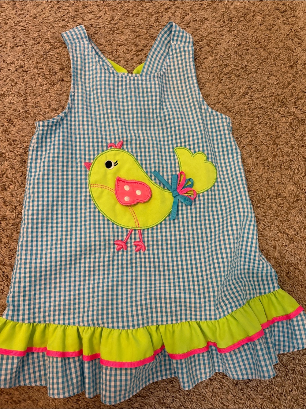 Rare Editions Blue Gingham Bird Applique Kids Dress - Lime & Pink Accent